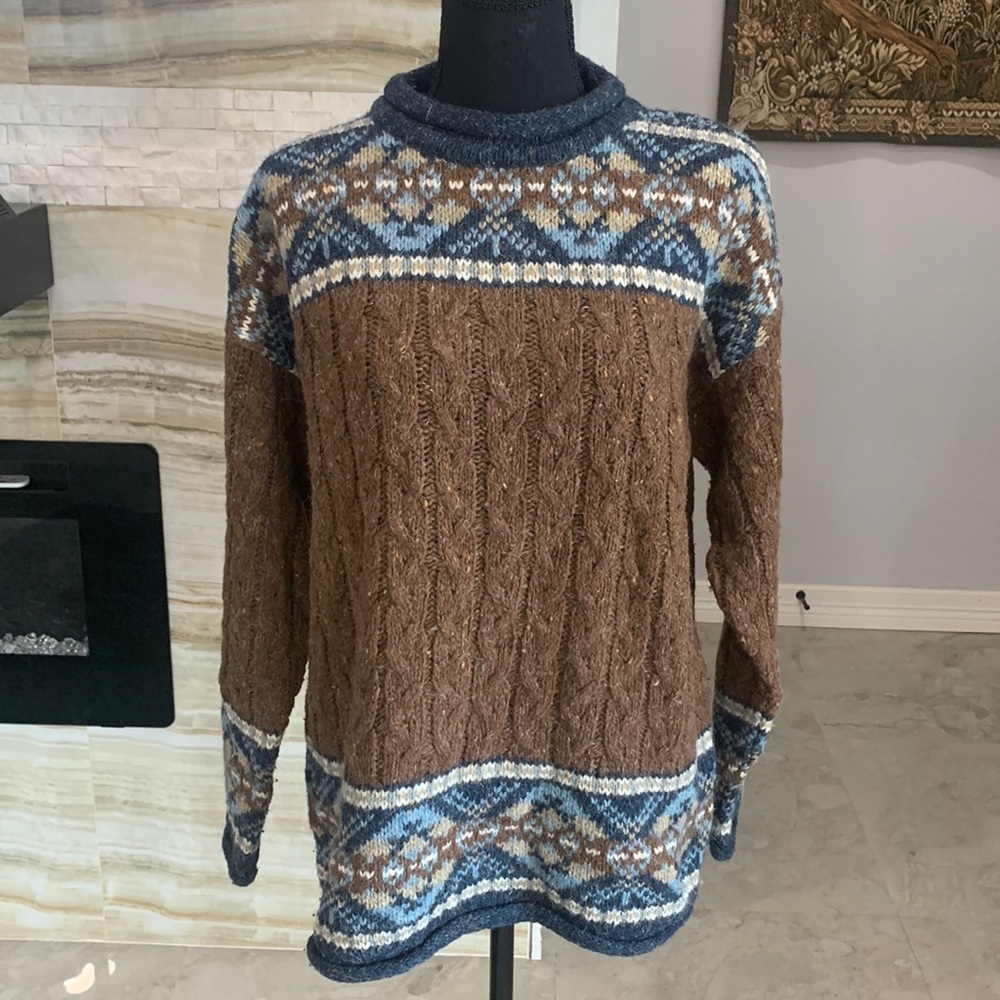 Best Authentic True Mark Brown‎ Wool Blend Tribal Design Ribbed Sweater. Size L